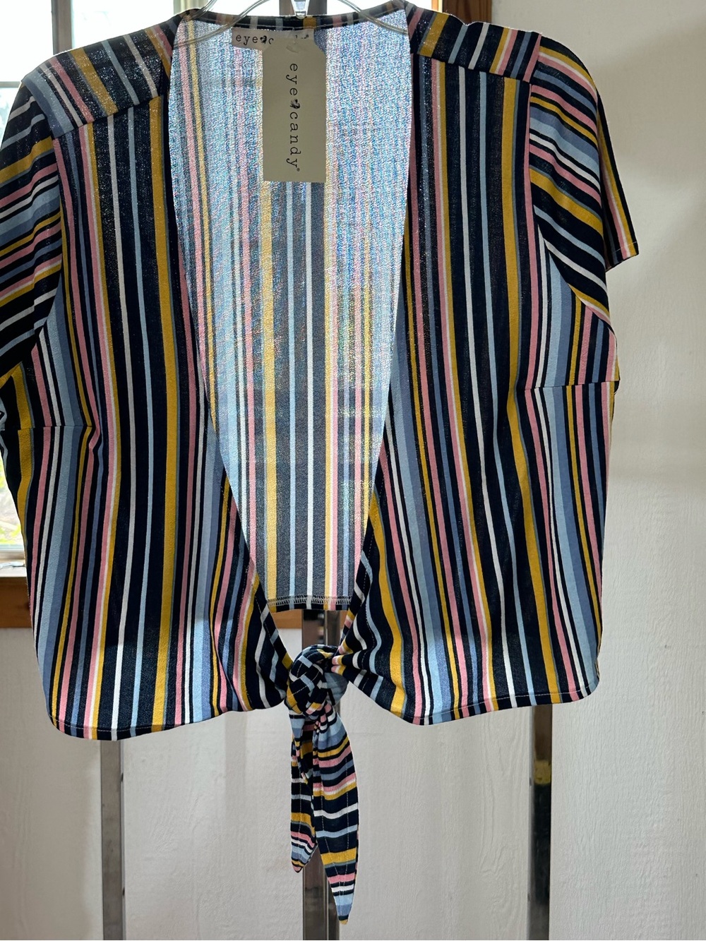 eye candy Black Striped Tie-Front Crop Top with Pastel Stripes